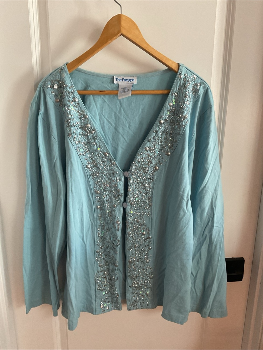 PARAGON - Light Blue Sequin-Embellished V-Neck Cardigan - Ladies Size 2X
